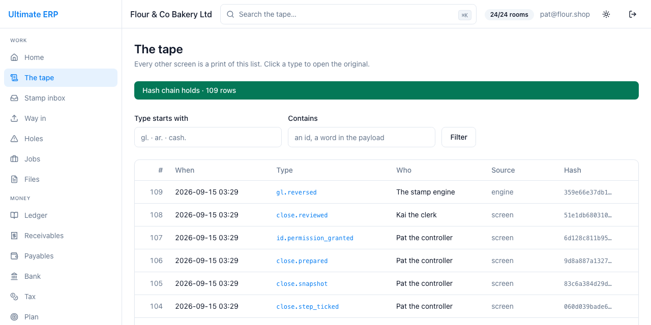 The tape, with the green banner: the hash chain holds.
