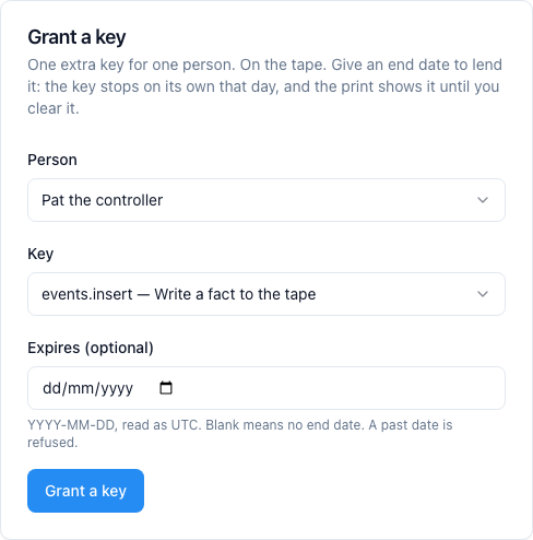One extra key for one person, with an end date if you are lending it.