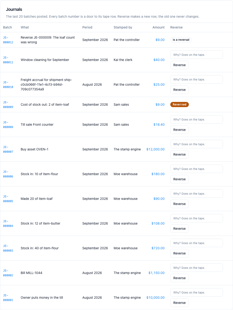 The batch list. The old row keeps its amount and a new row sits beside it.