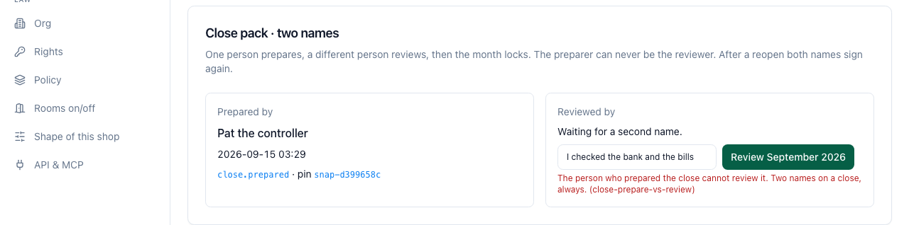 The refusal names the pair: close-prepare-vs-review.