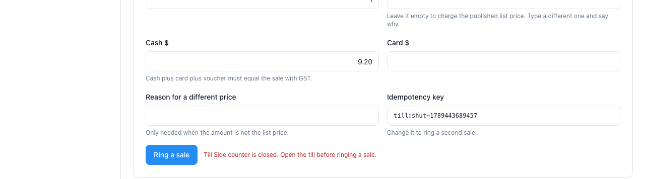 A sale at a closed till is refused by name.
