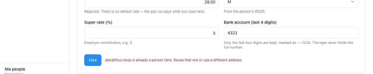 One email is one person. The second hire is refused by name.