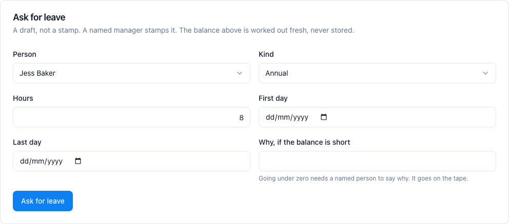 Leave is a draft kind with no money. A manager stamps it.