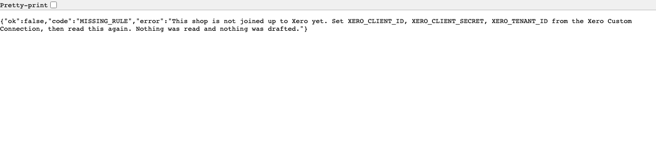 The Xero preview with no keys set. It says which settings are missing and that nothing was read.