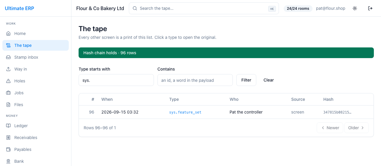 The flip as a tape row: sys.feature_set.